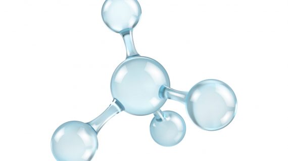 Glass molecule model. Reflective and refractive abstract molecular shape isolated on white background. Vector illustration